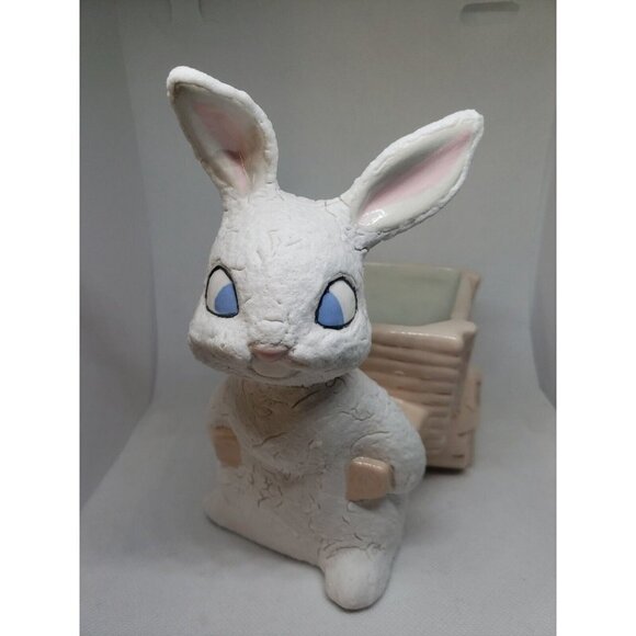 Vintage Planter Bunny Pulling Cart White Rabbit Ceramic Plant Accessory Easter - Picture 2 of 13